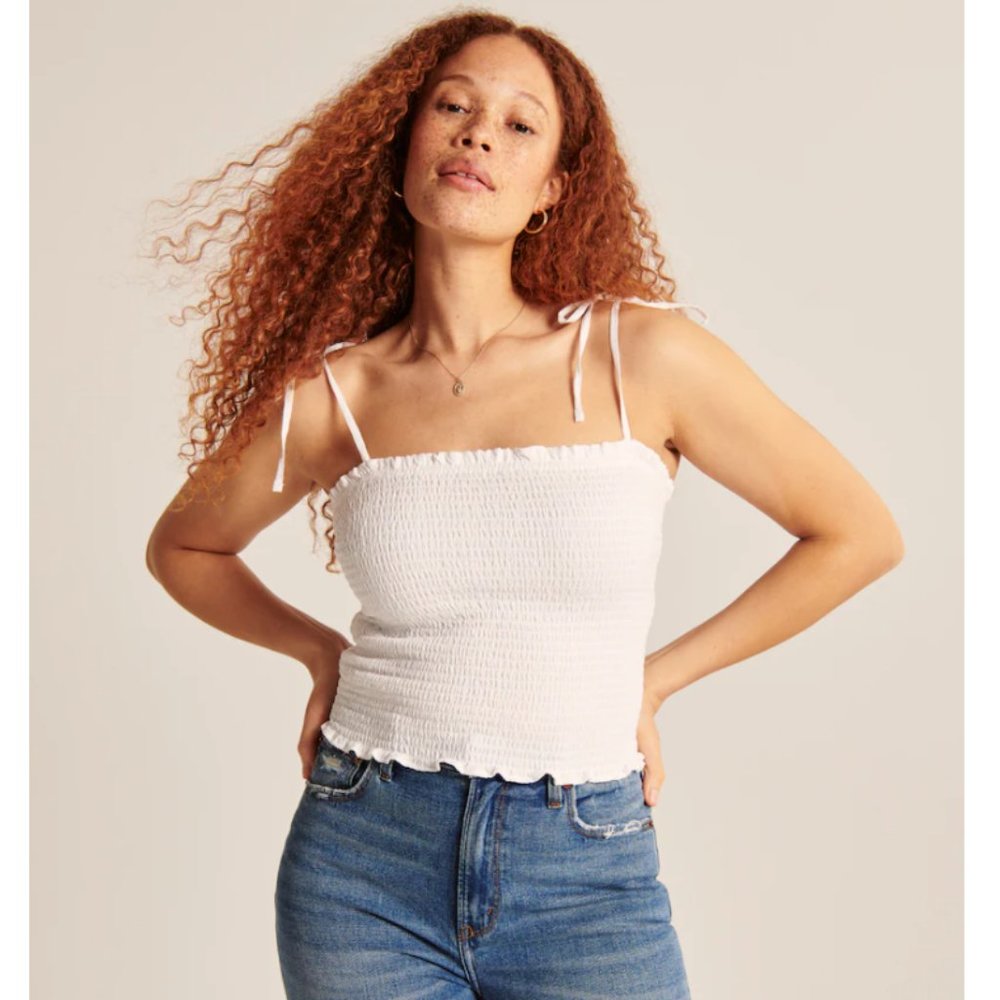 NWT A&F - White Tie-Strap Smocked Cami